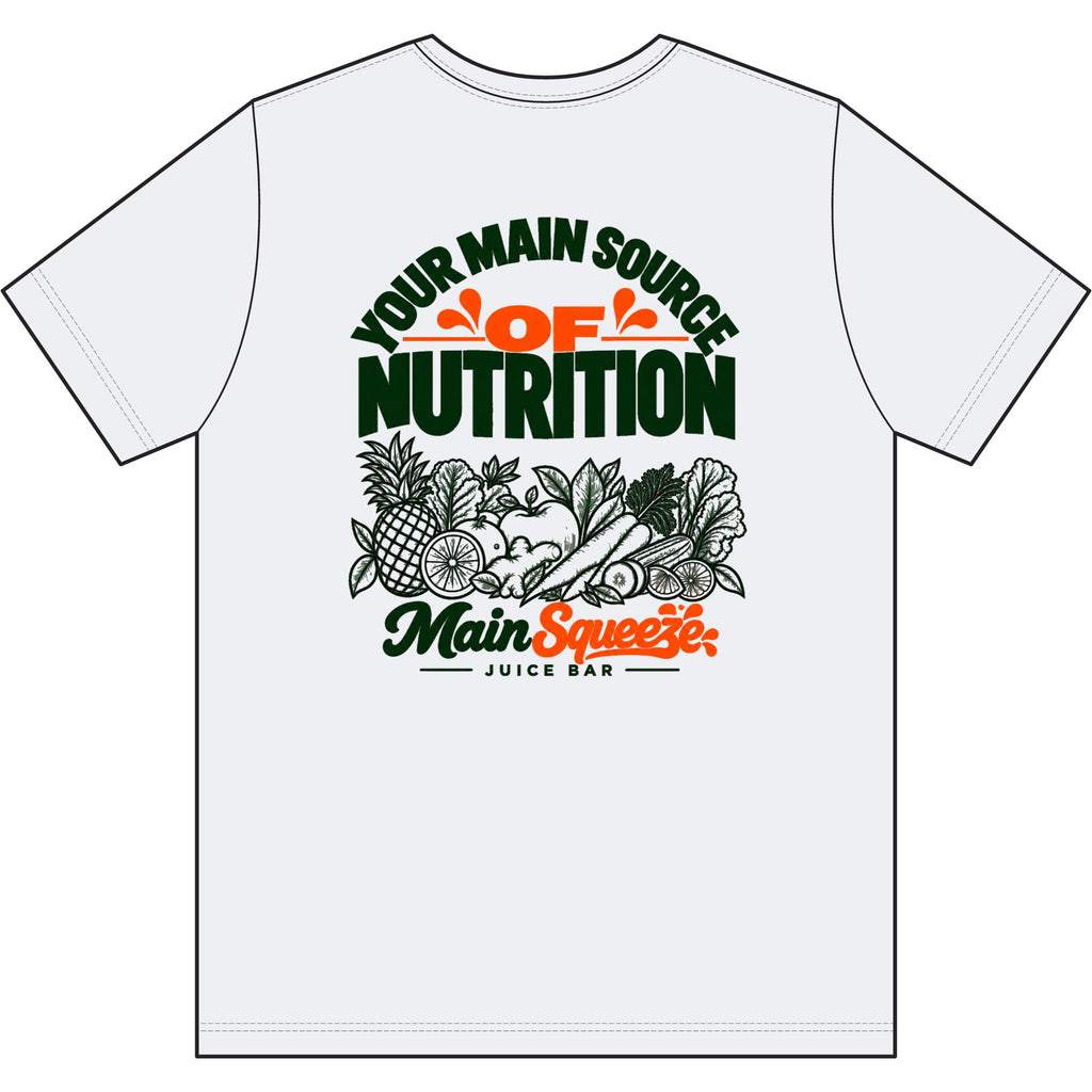 Main Squeeze Juice Bar T‑Shirt — "Your Main Source of Nutrition" Vintage Fruit Graphic