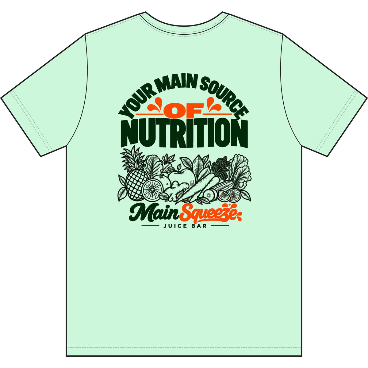Main Squeeze Juice Bar T‑Shirt — "Your Main Source of Nutrition" Vintage Fruit Graphic